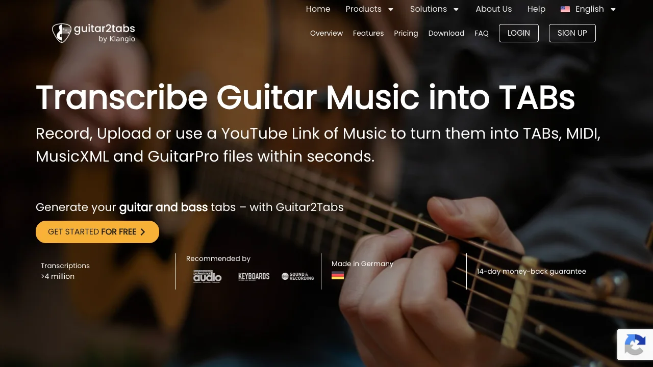 Current public Guitar2Tabs product page showing its guitar transcription workflow