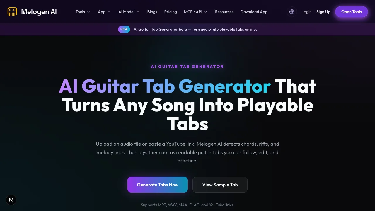 Melogen AI Guitar Tab Generator public page with tuning, capo, focus, and complexity controls