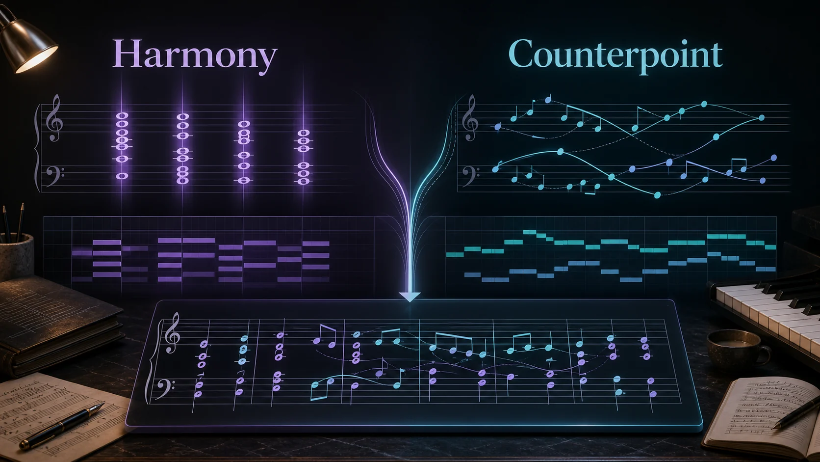 Harmony chord stacks and counterpoint lines joining into a score analysis workflow