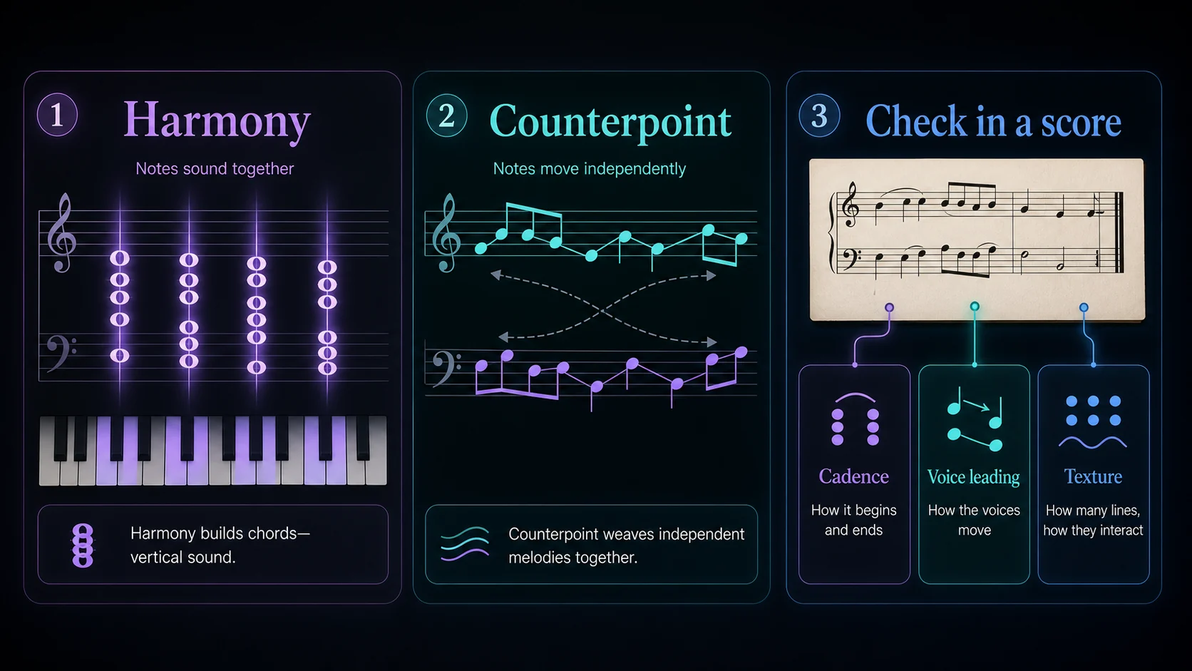 Harmony and counterpoint score check with chord stacks, independent lines, cadences, voice leading, and texture