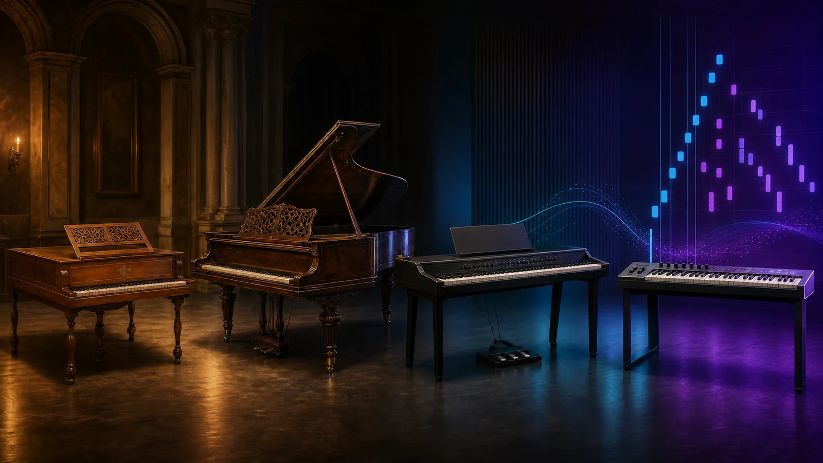 Piano history moving from an early fortepiano through a concert grand to digital and MIDI keyboards