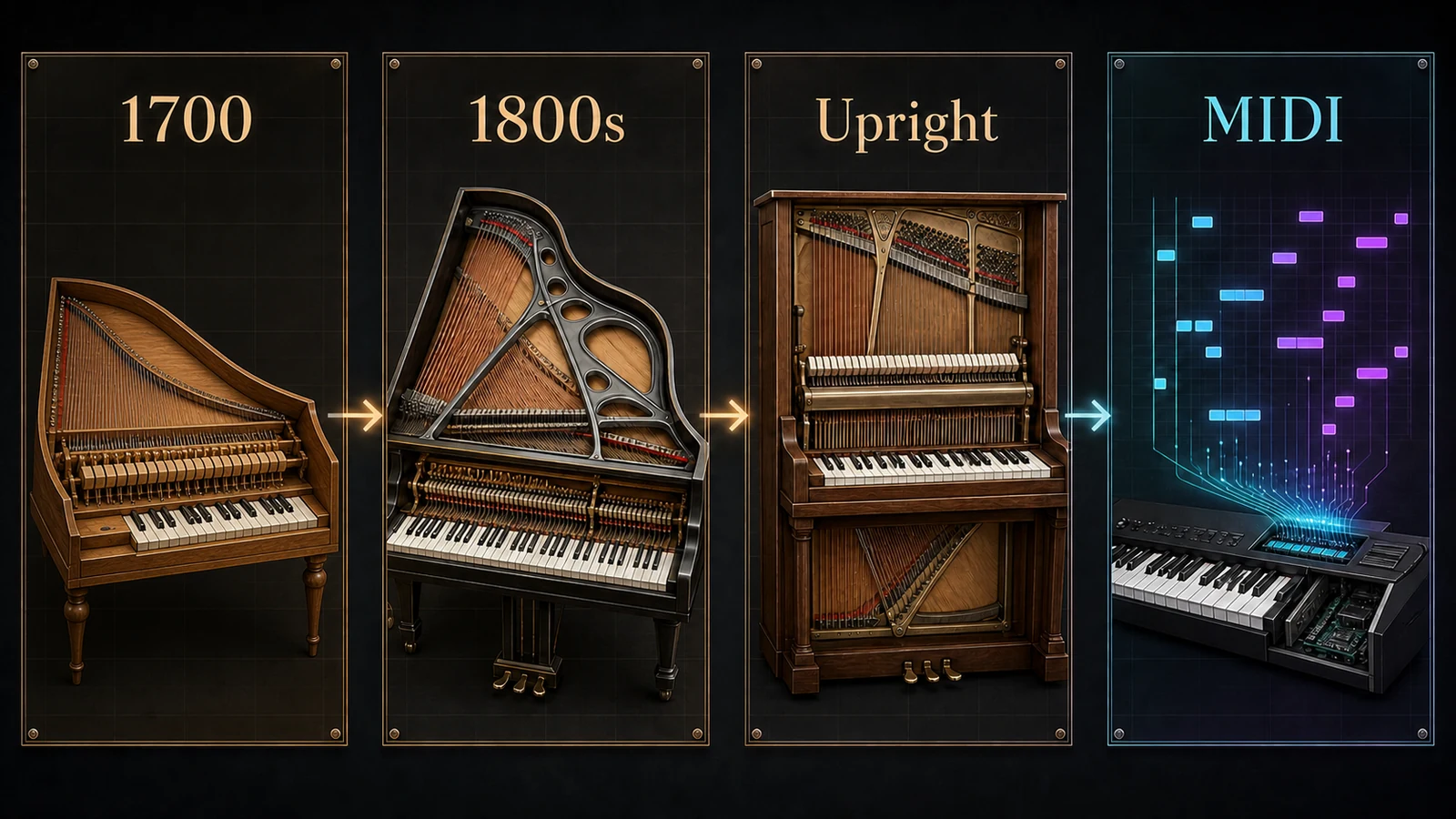 Conceptual piano construction timeline from an early hammer action to an iron-frame grand, upright, and MIDI keyboard