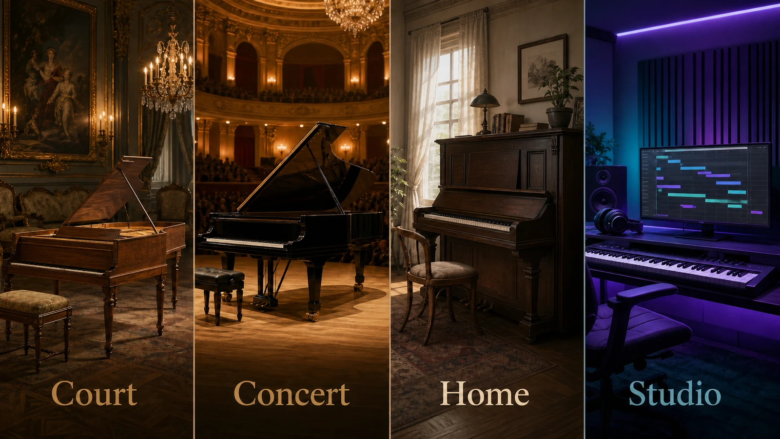 Four settings showing the piano's changing role in court, concert, home, and studio music