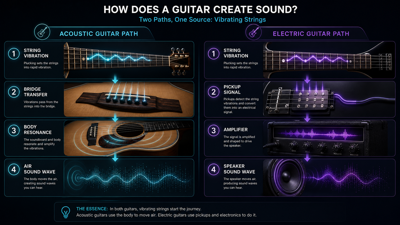 Acoustic and electric guitar sound paths from string vibration to audible sound waves