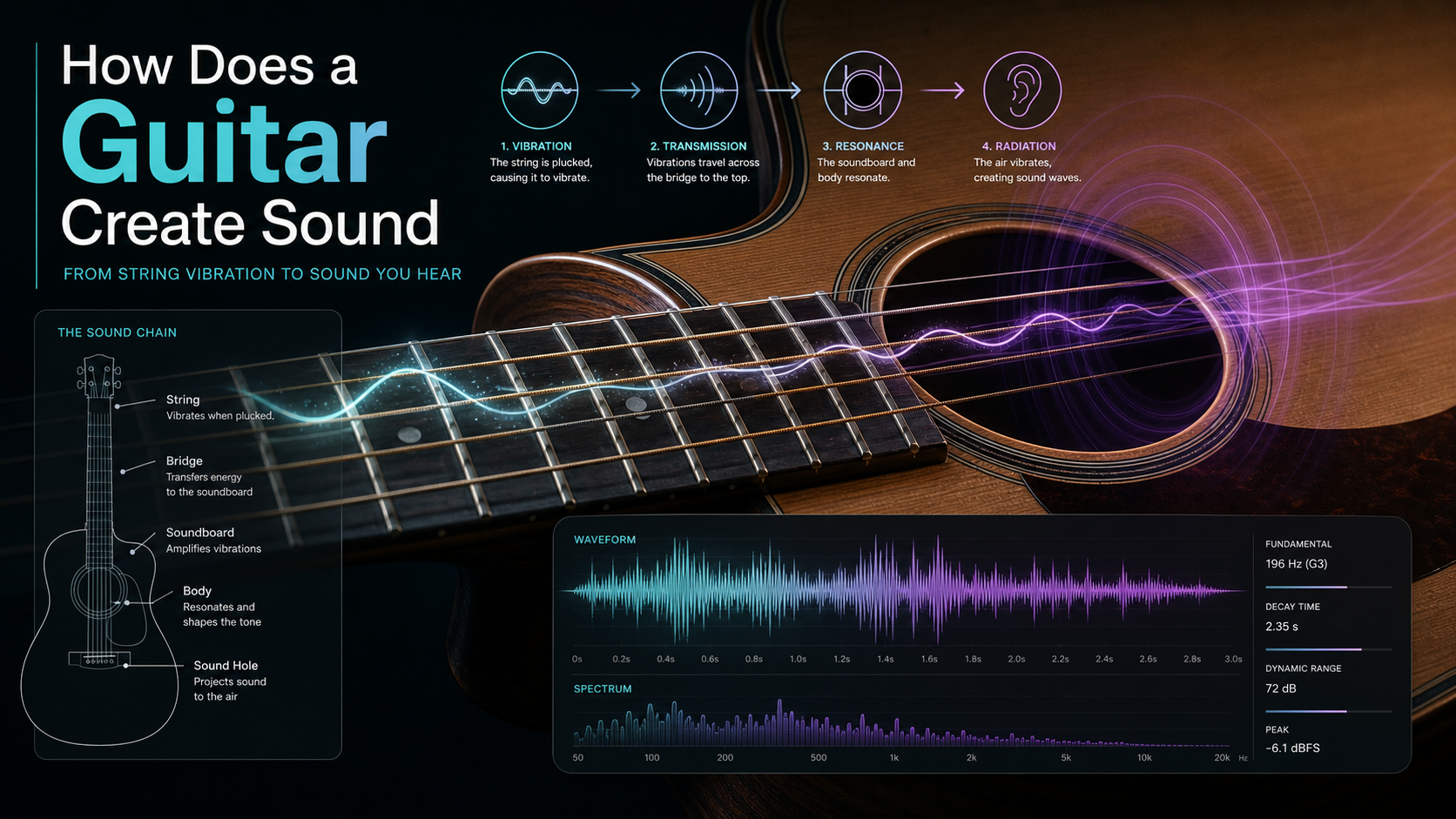 Guitar string vibration flowing through resonance, sound waves, and audio analysis panels