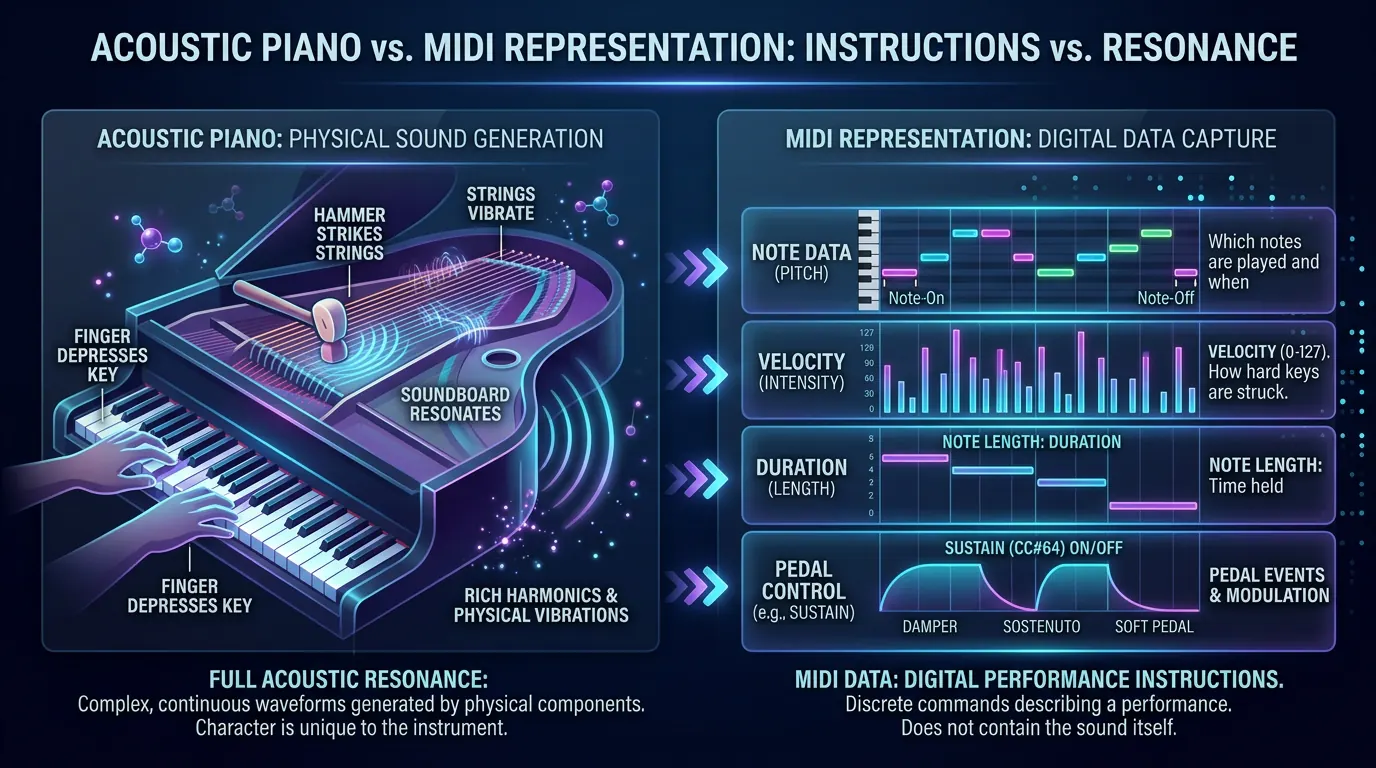 Acoustic piano sound variables mapped to MIDI note, velocity, duration, and pedal data