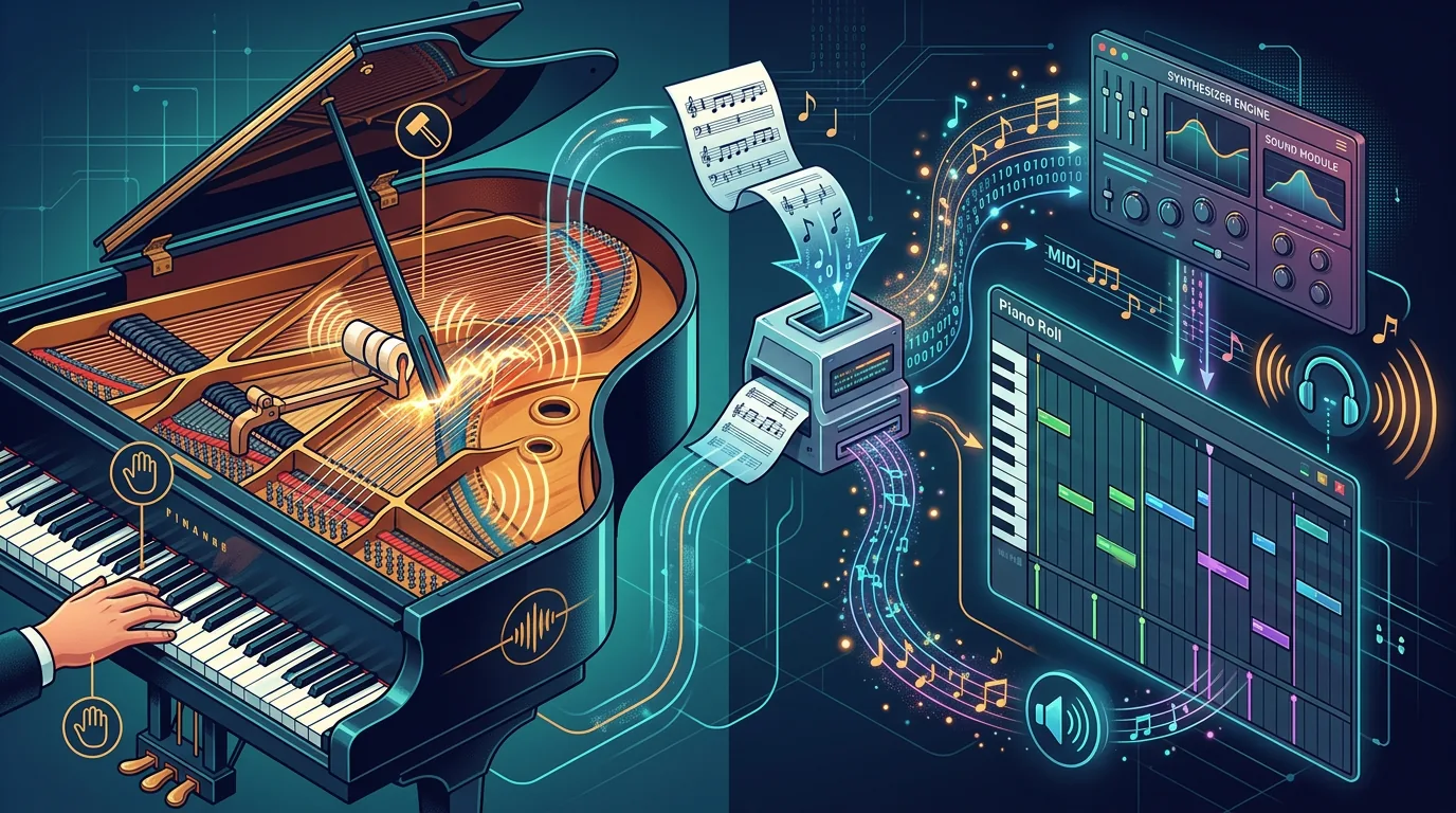 Editorial cover illustration showing how piano sound moves from hammer strike to MIDI