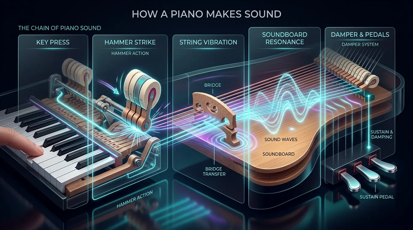 Piano key action showing hammer, string vibration, soundboard resonance, and pedal control