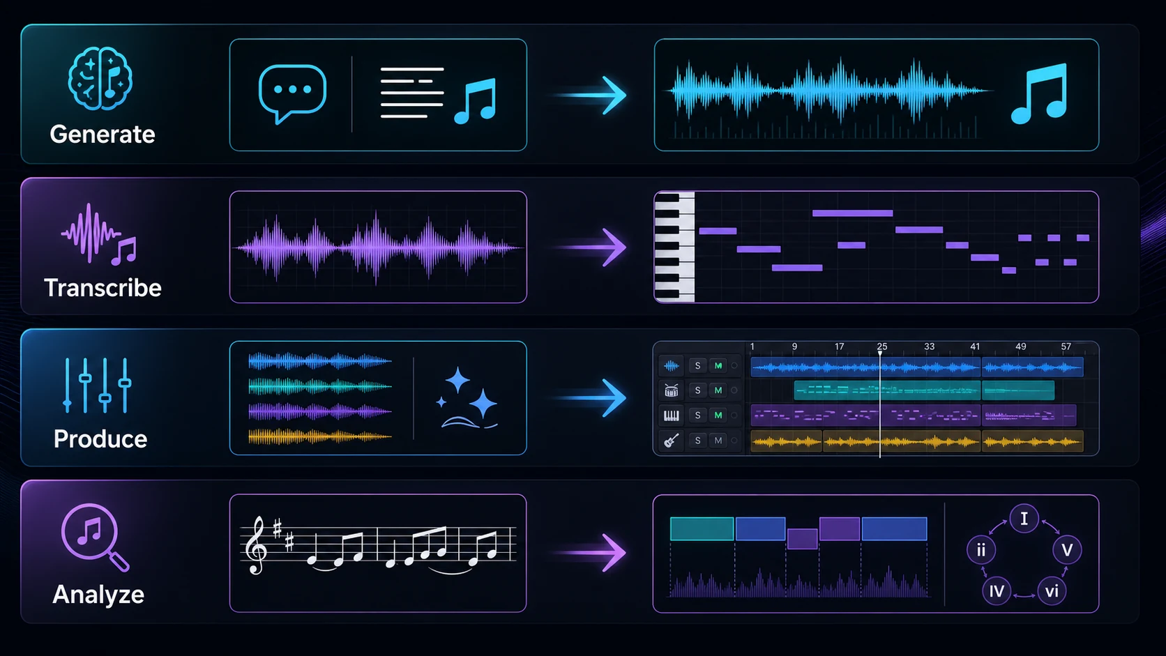 AI music use-case flow covering generation, transcription, production, and analysis