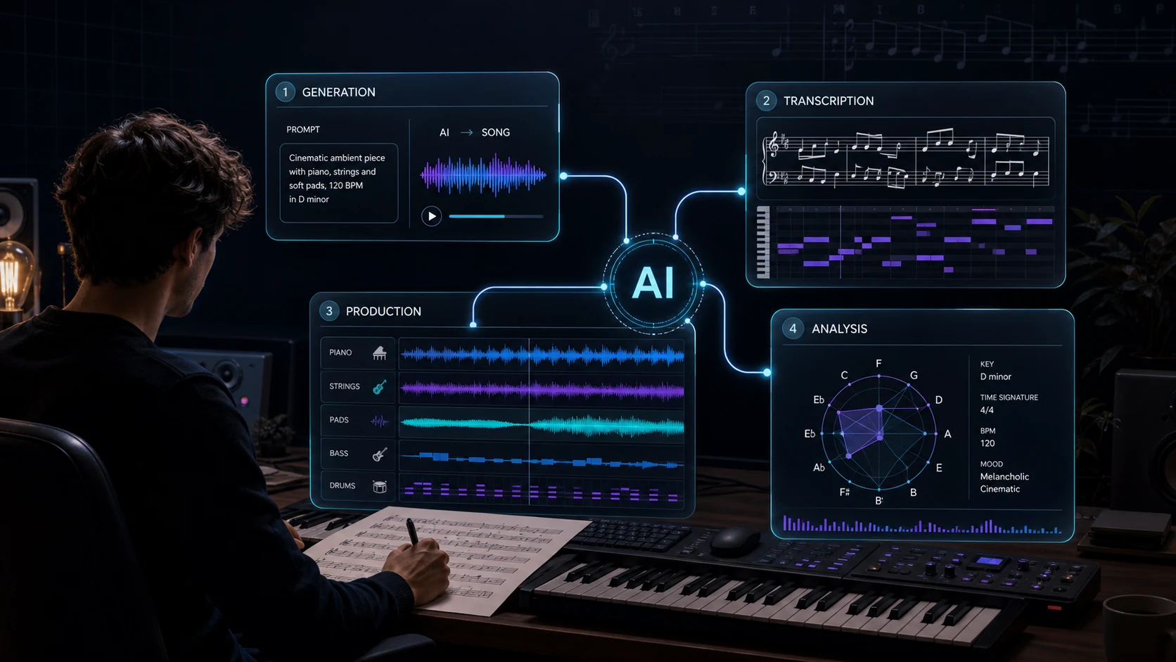 Composer reviewing AI music generation, transcription, production, and analysis workflows