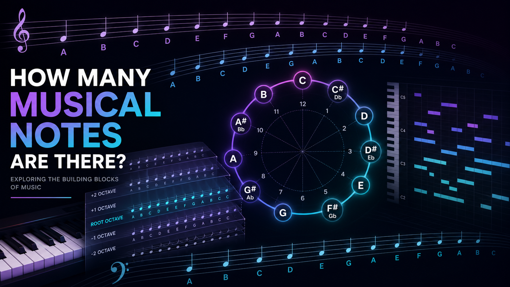 Chromatic note circle, octave layers, and MIDI lanes explaining how many musical notes there are