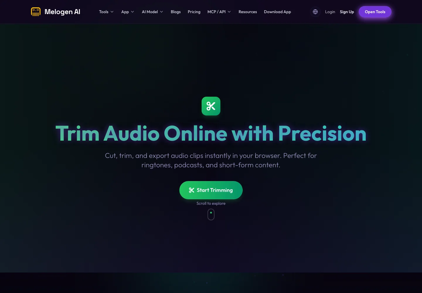 Melogen Music Trimmer page for preparing owned audio files