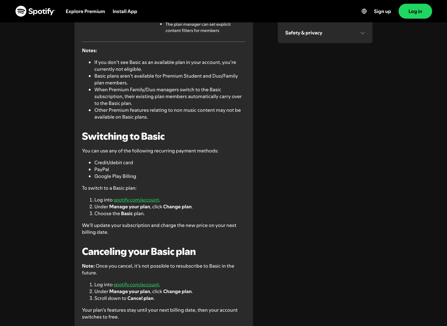 Spotify Basic support page explaining eligibility and switching rules