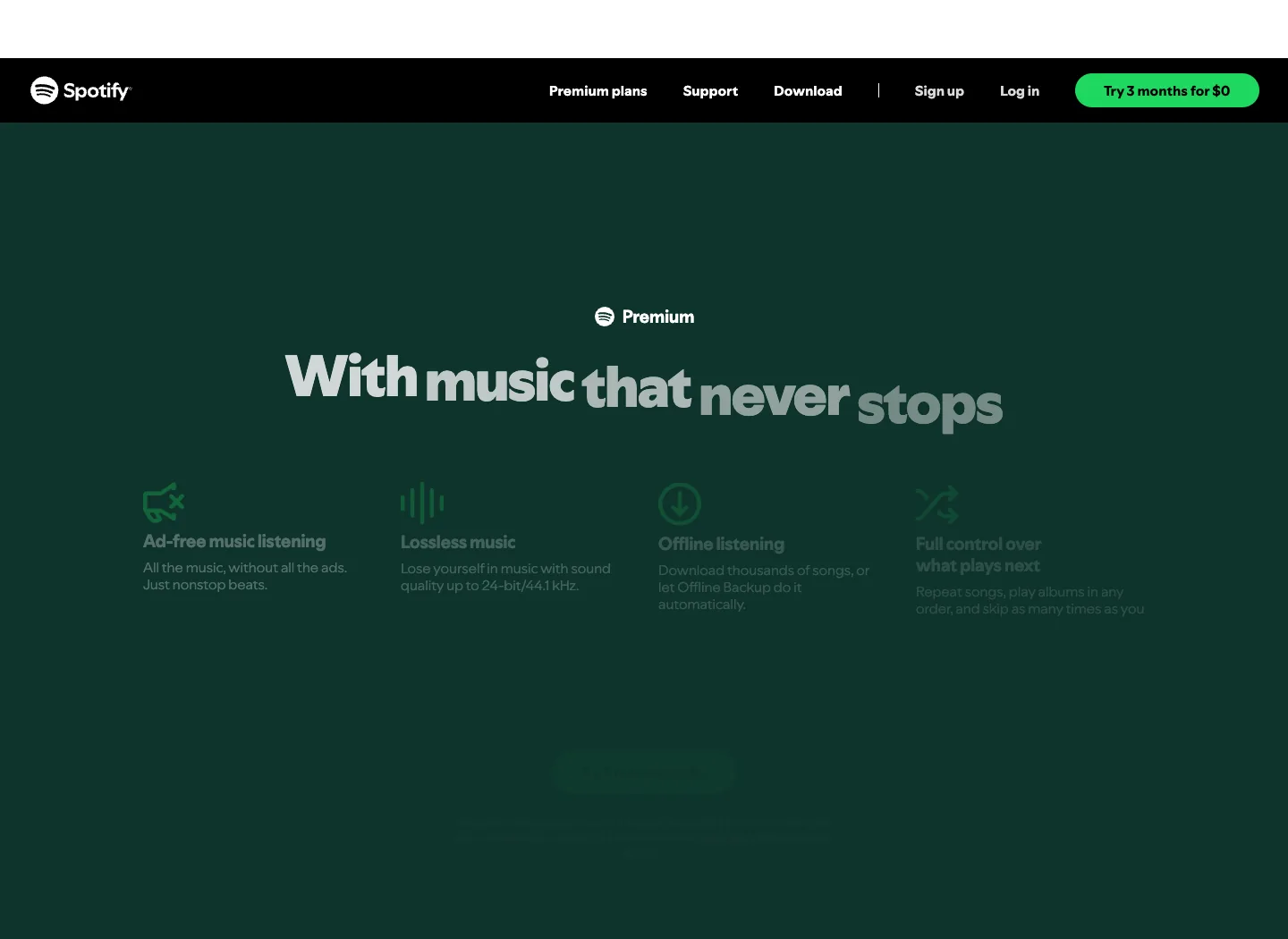 Spotify official Premium page showing Premium listening benefits