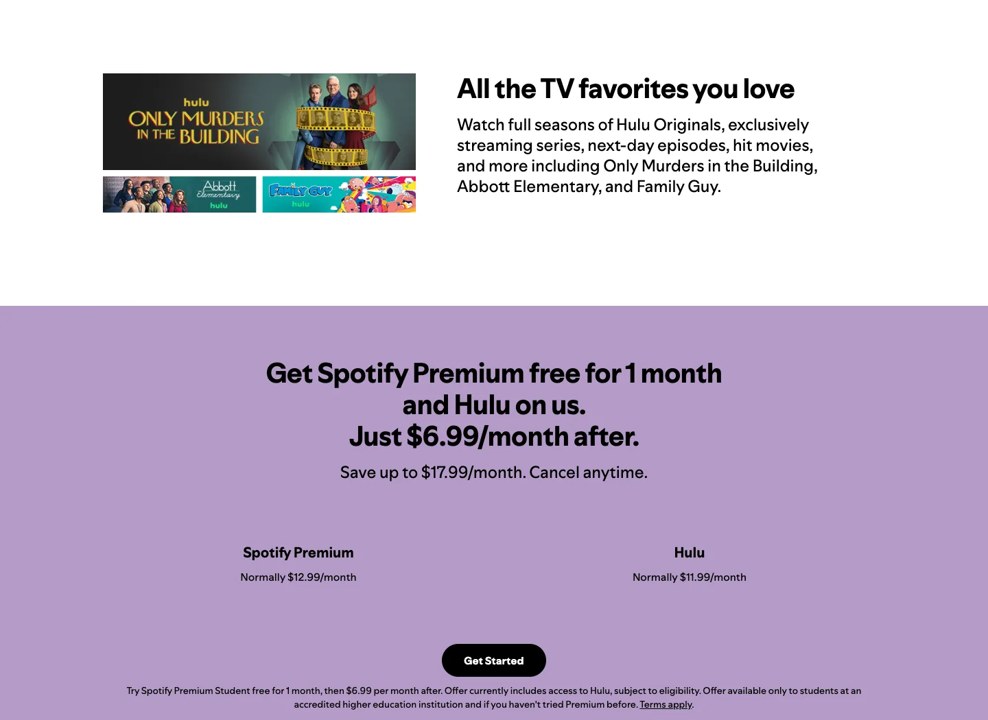 Spotify official Student plan page showing the current student price