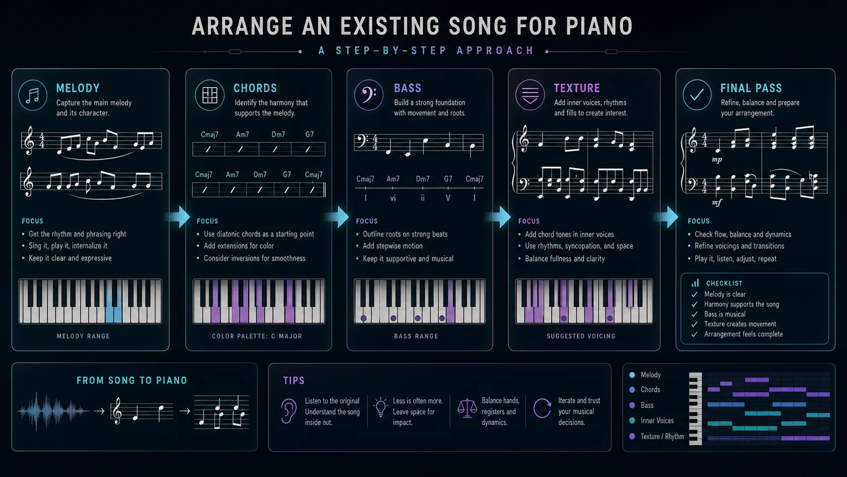 Five step piano arranging flow from melody to chords, bass, texture, and final pass
