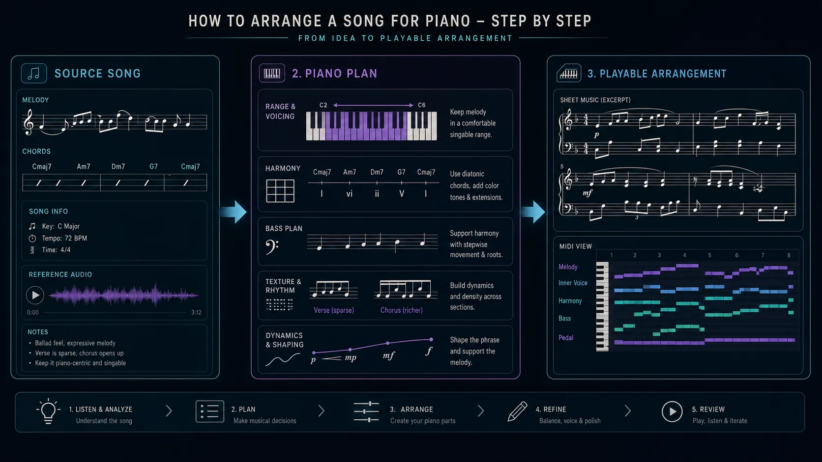 Piano arrangement workflow from source song to piano plan and playable score
