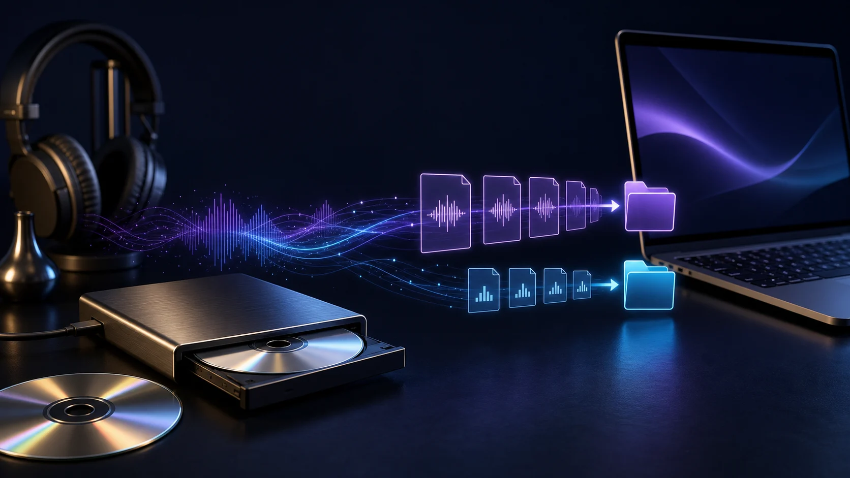 Audio CDs and an external optical drive sending organized digital audio files to a laptop