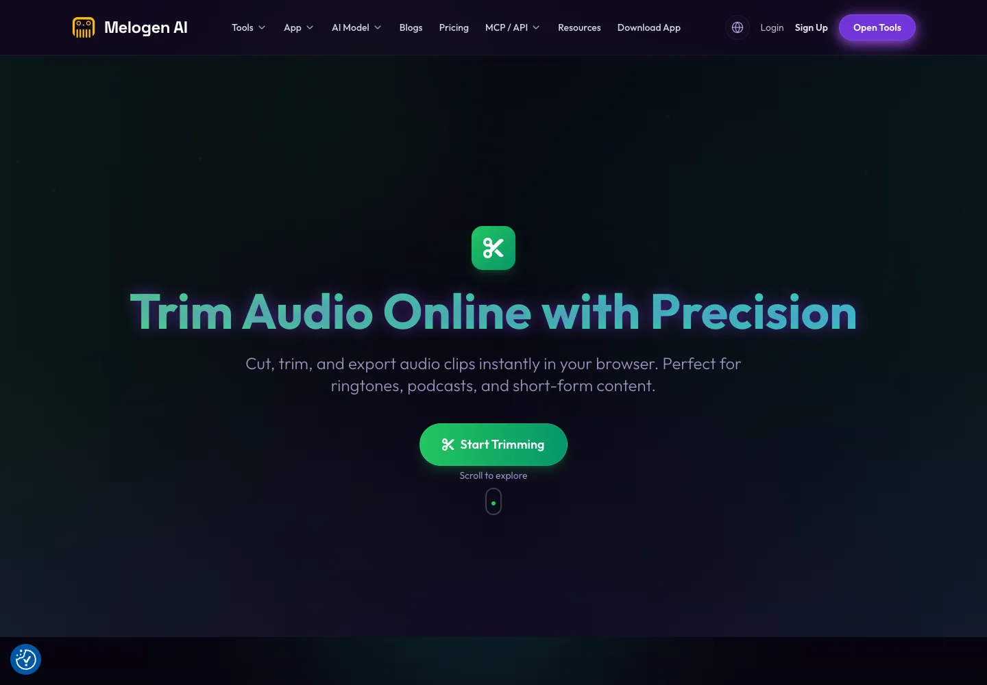 Melogen Music Trimmer page for editing a local audio file after a CD rip
