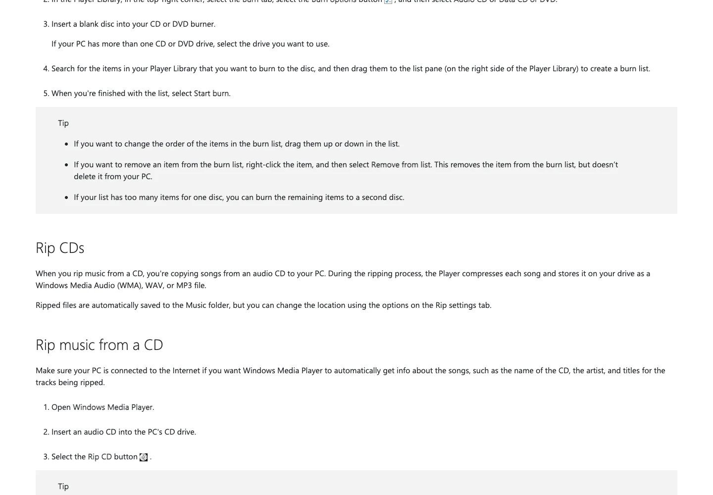 Microsoft Support instructions for ripping an audio CD with Windows Media Player