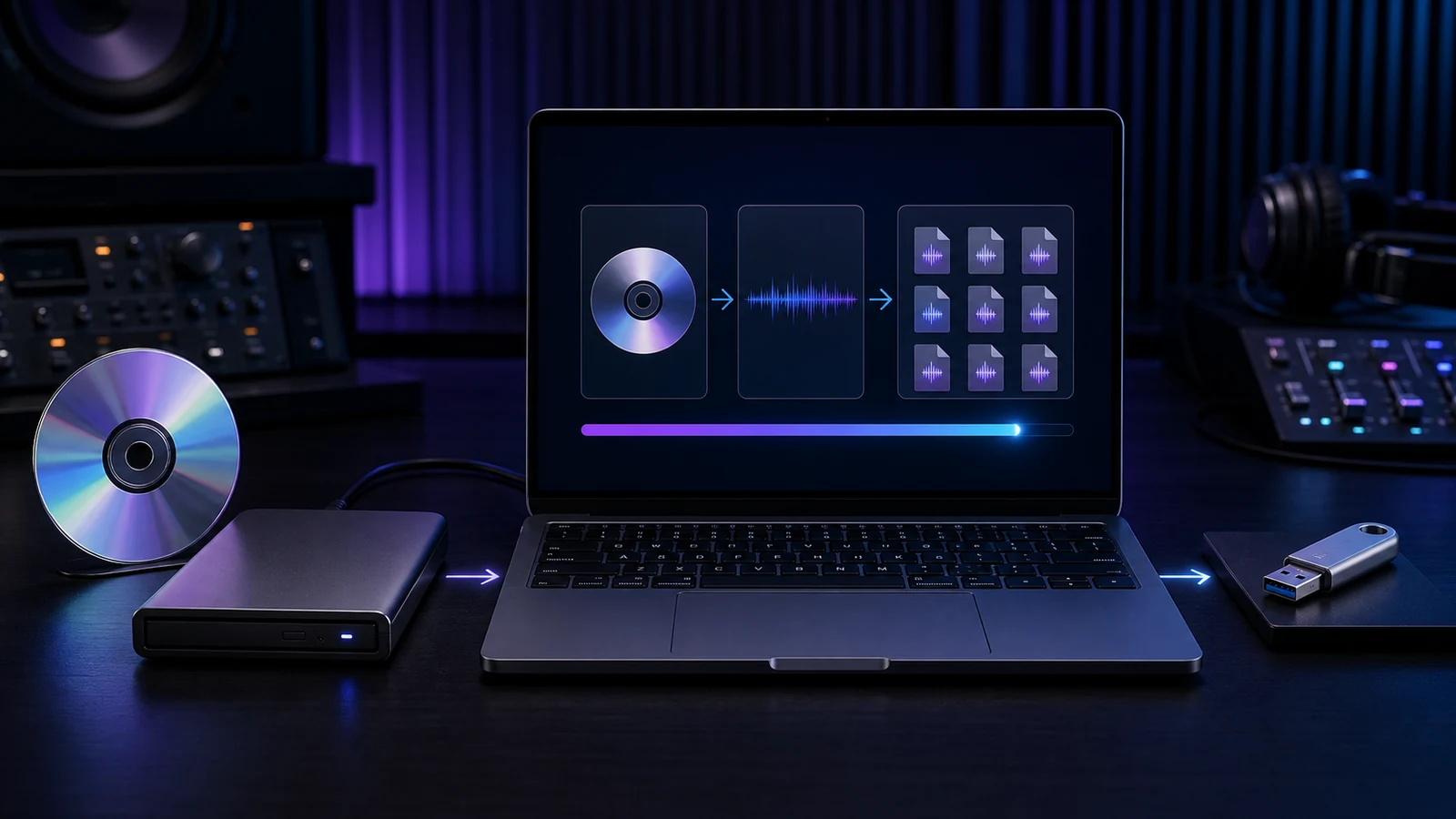 Audio CD moving through a laptop workflow onto a USB flash drive