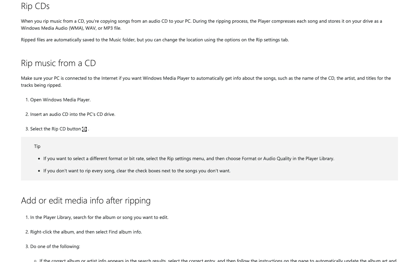 Microsoft Support instructions for ripping a music CD with Windows Media Player