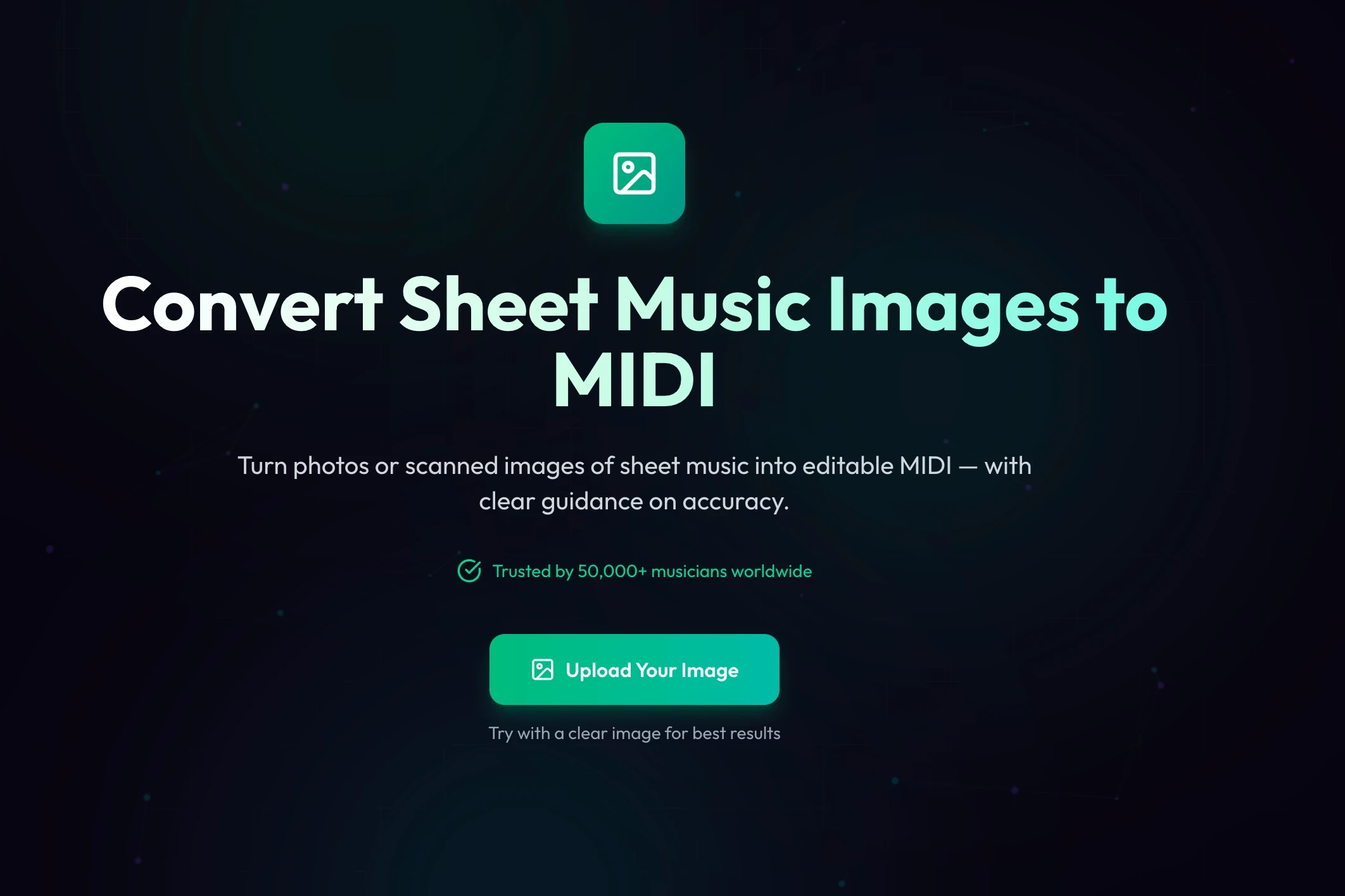 Melogen AI Image to MIDI Converter Interface showing the upload page for converting sheet music photos to MIDI
