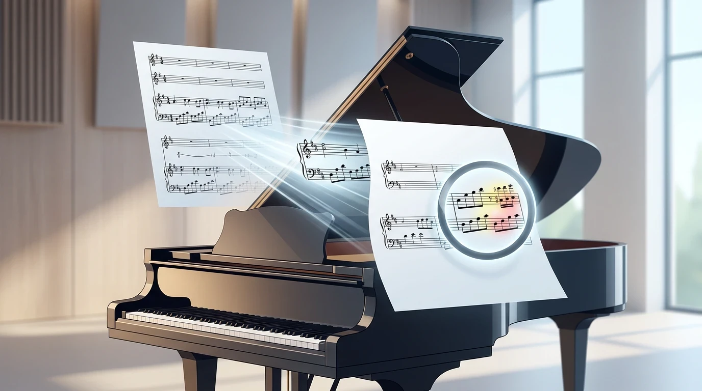 Musician reviewing a converted MIDI file against the original piano score for accuracy