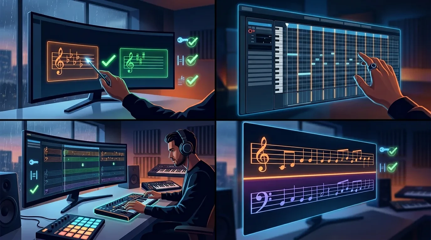 Checklist diagram showing key verification steps after converting sheet music to MIDI
