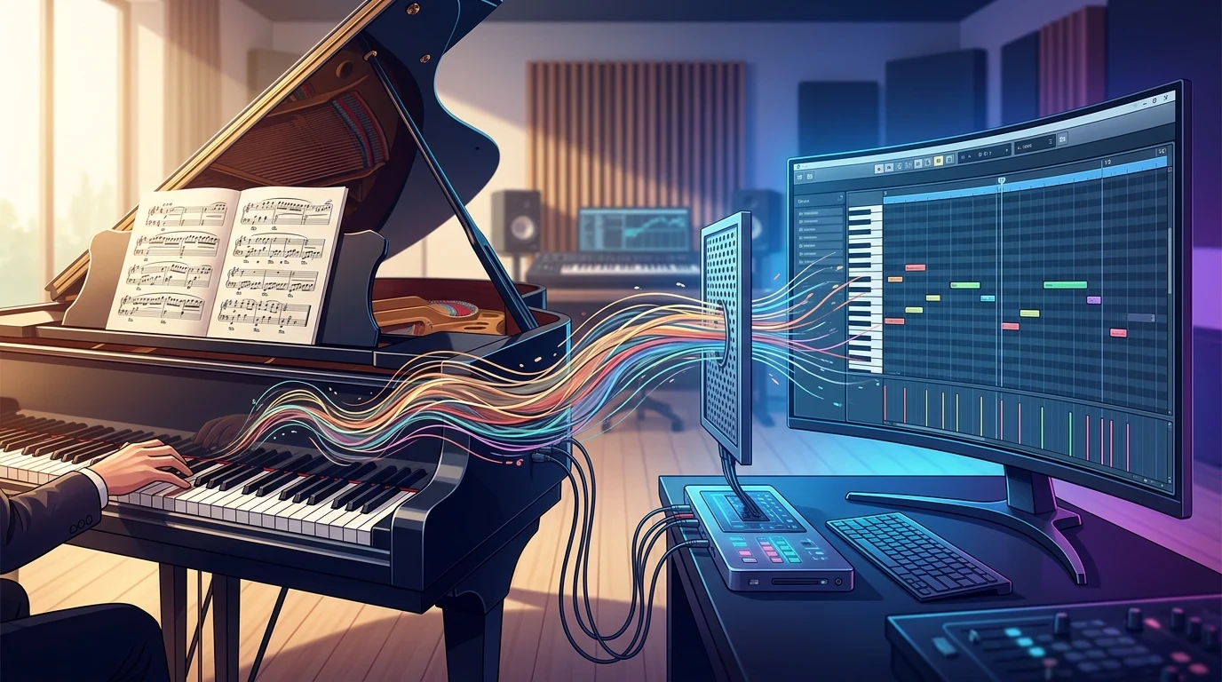 Comparison diagram showing musical elements that survive MIDI conversion versus those that are lost