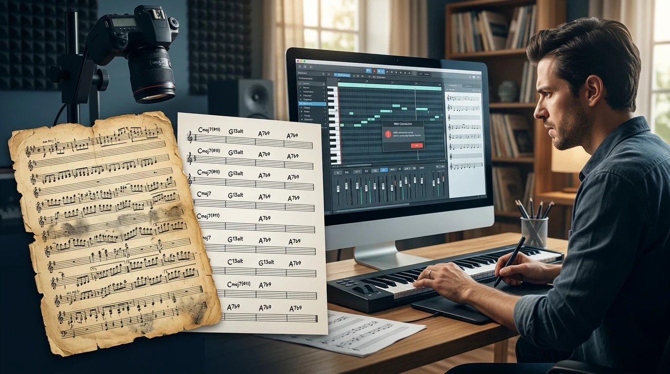 Alternative music digitization workflows including audio-to-MIDI and manual transcription