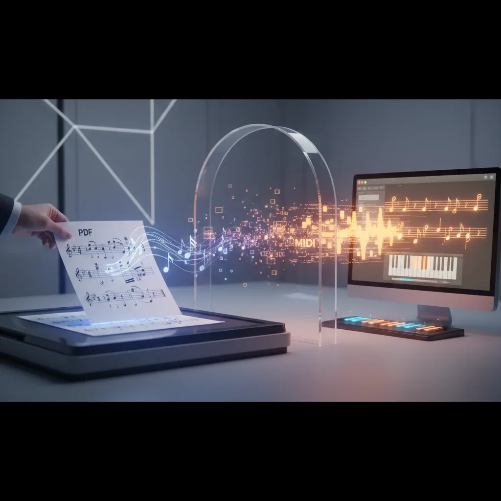 Complete five-step workflow from piano sheet music upload to MIDI export in a DAW