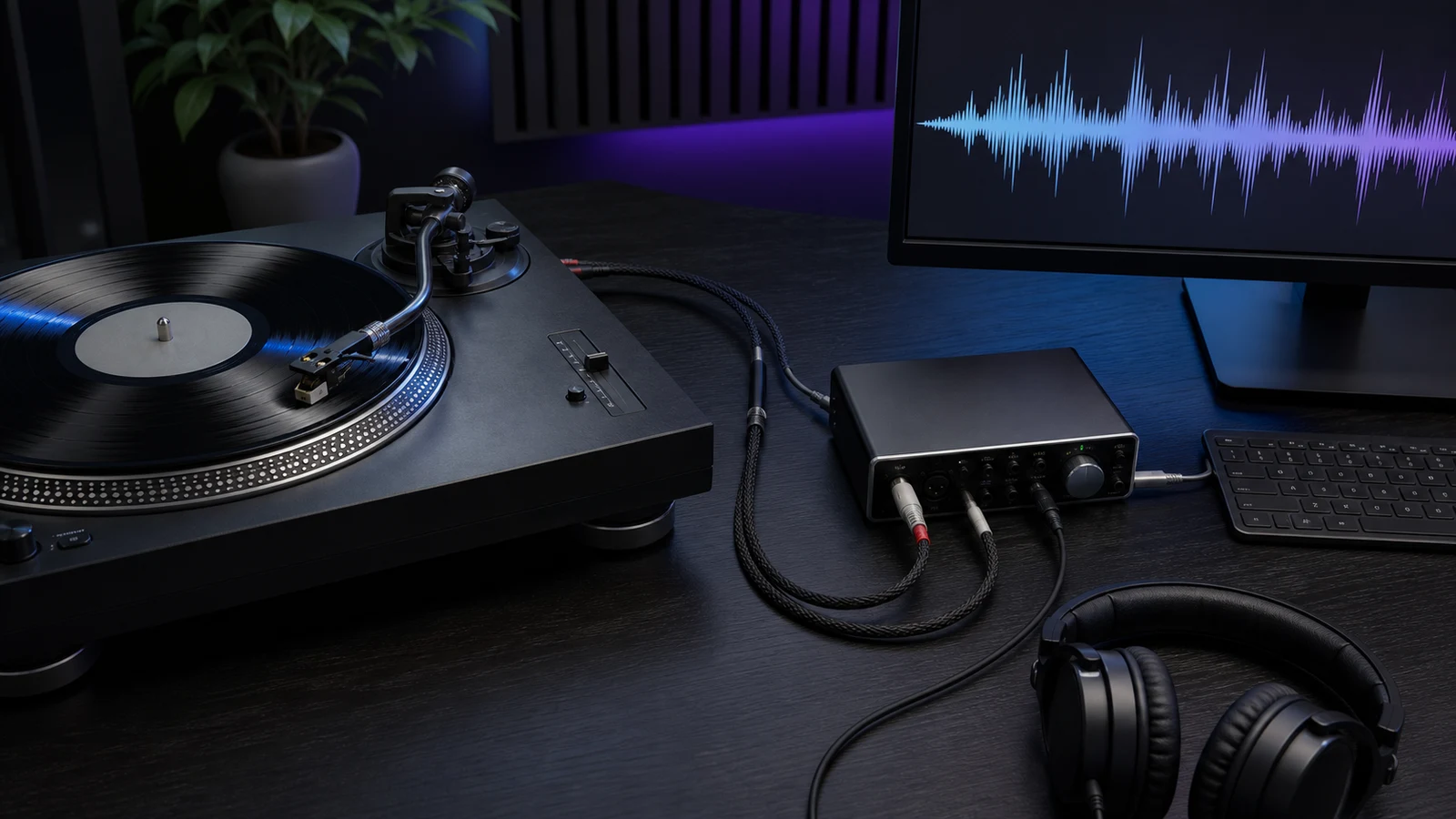 Turntable connected through an audio interface to a computer for digitizing a vinyl record
