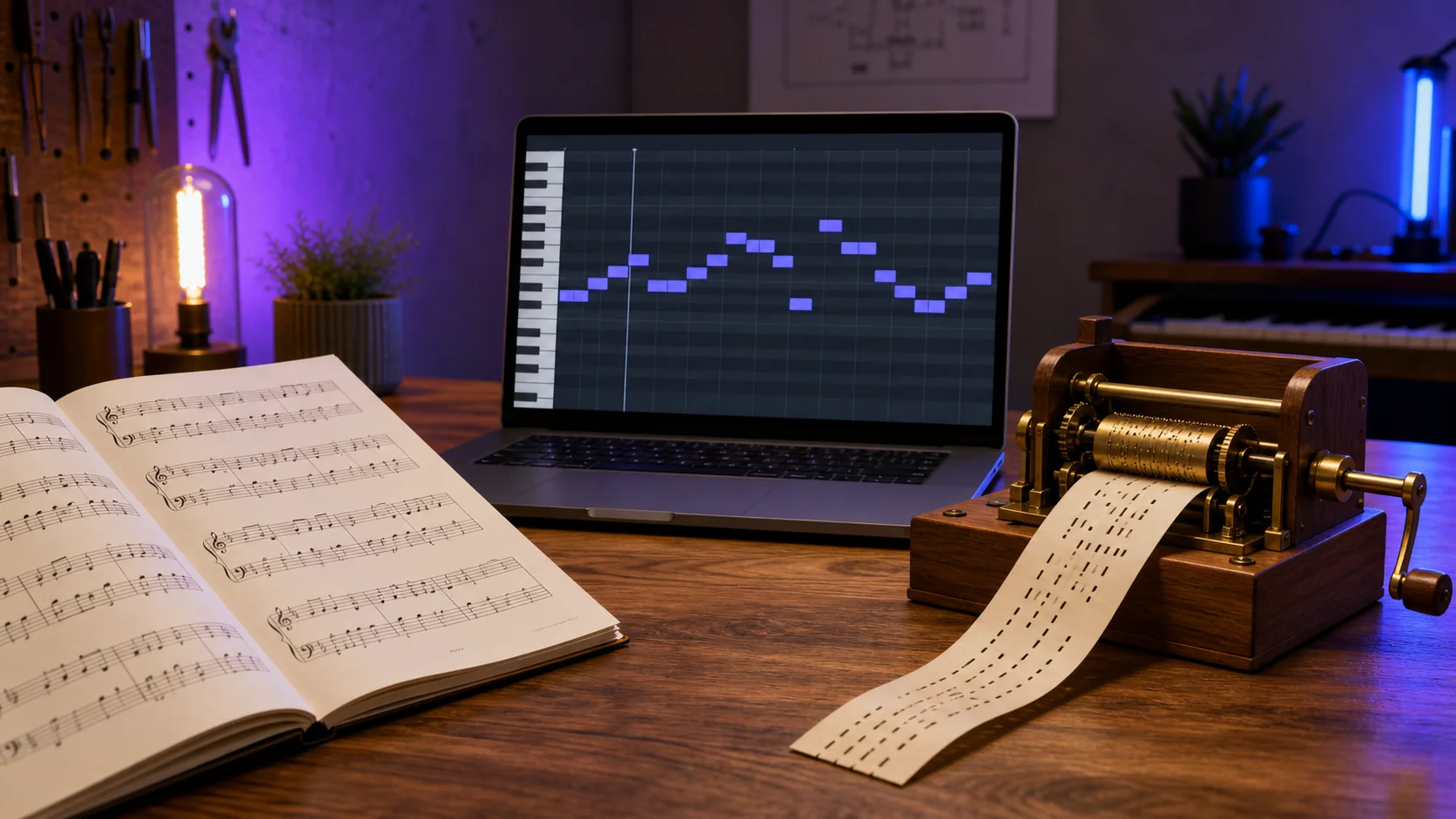Printed sheet music beside a MIDI piano roll and a hand-cranked paper-strip music box
