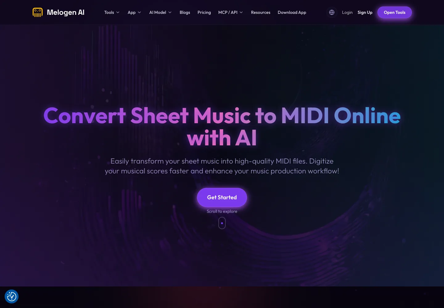 Melogen Sheet2MIDI page showing its score upload workflow