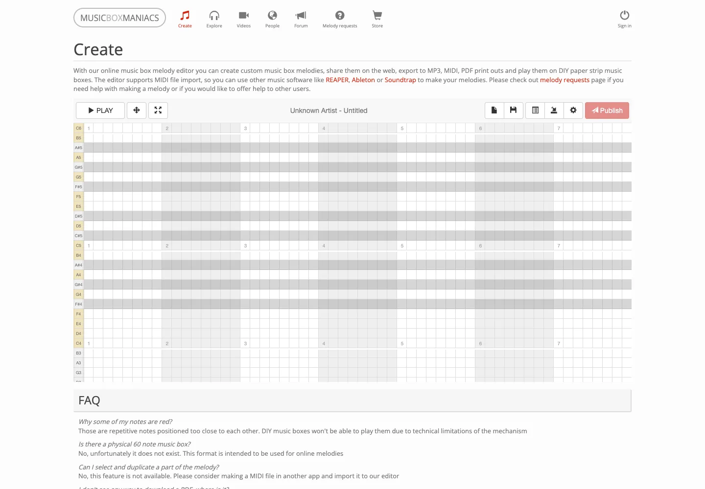 Music Box Maniacs Create page with a fixed-pitch paper-strip editing grid