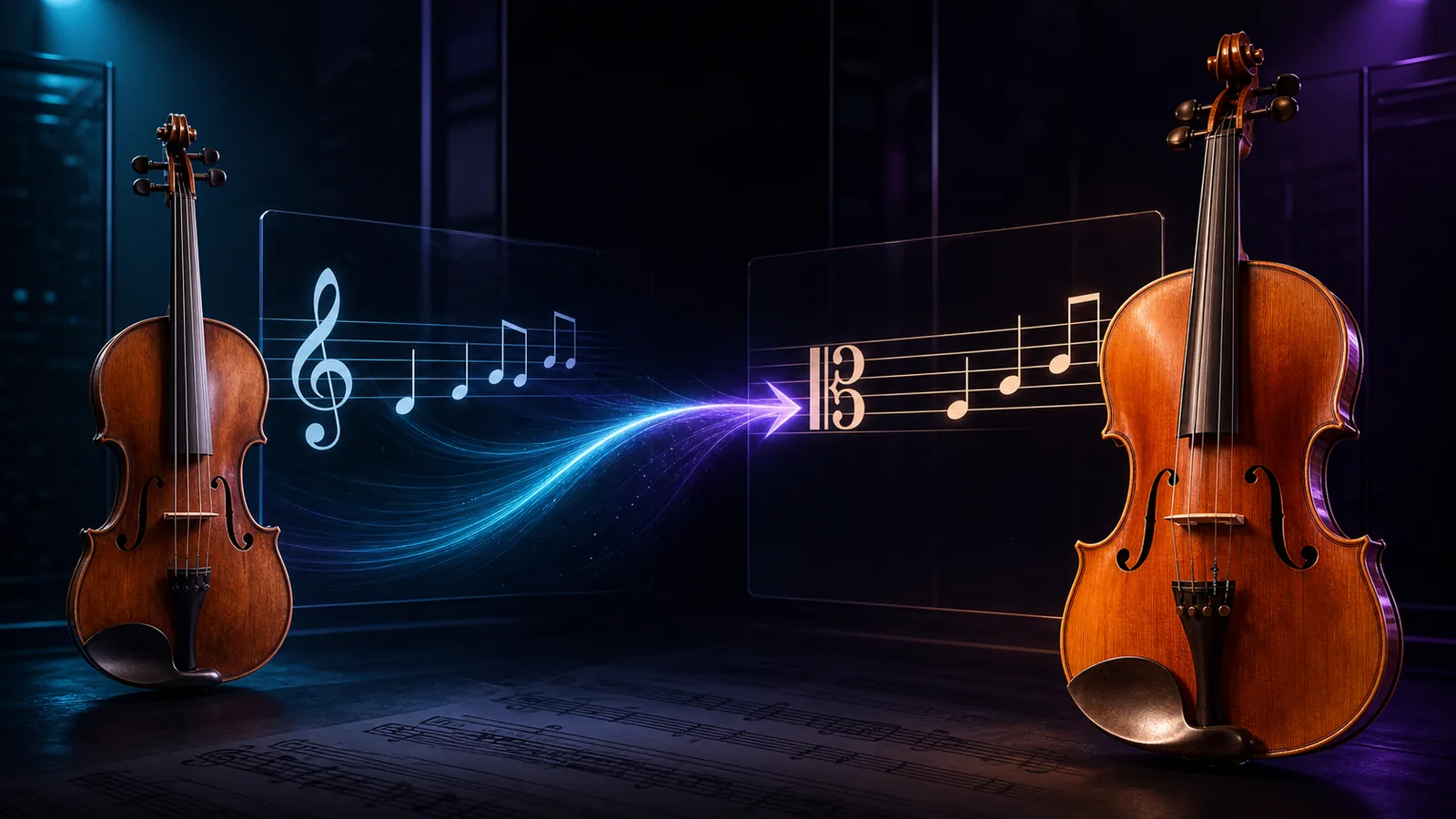 Violin treble-clef music moving into a viola alto-clef part