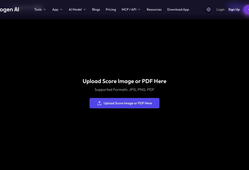 Melogen Sheet2MIDI public upload page for JPG, PNG, and PDF score sources