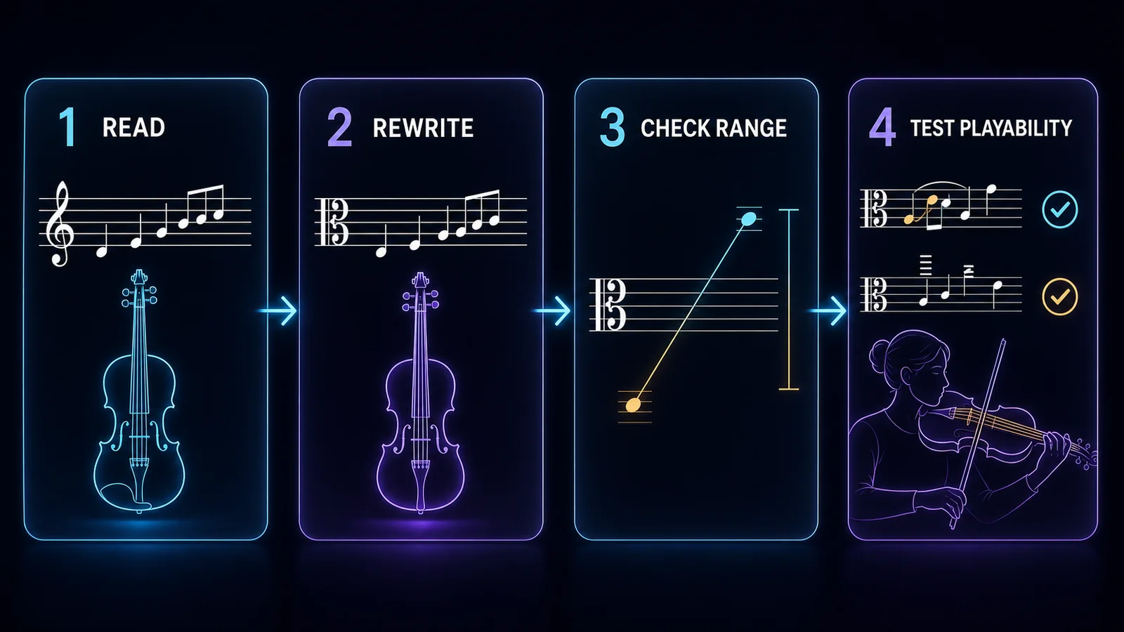 Four-checkpoint workflow for reading violin treble clef, rewriting alto clef, checking range, and testing viola playability