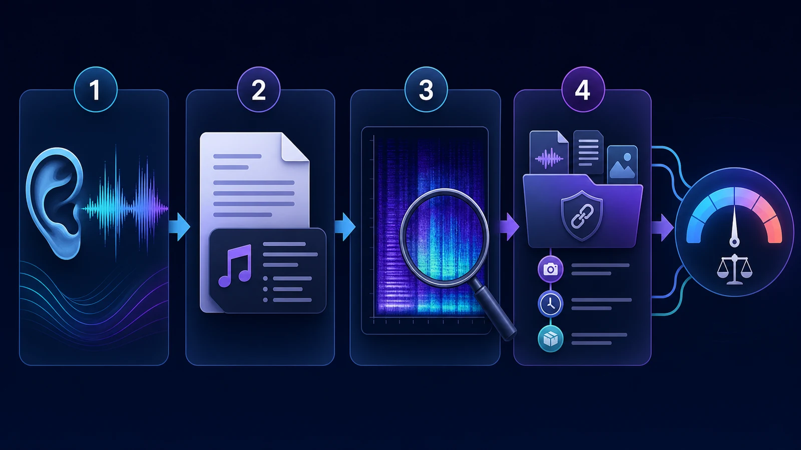Four-step evidence ladder moving from listening clues to credits, detector analysis, and source provenance