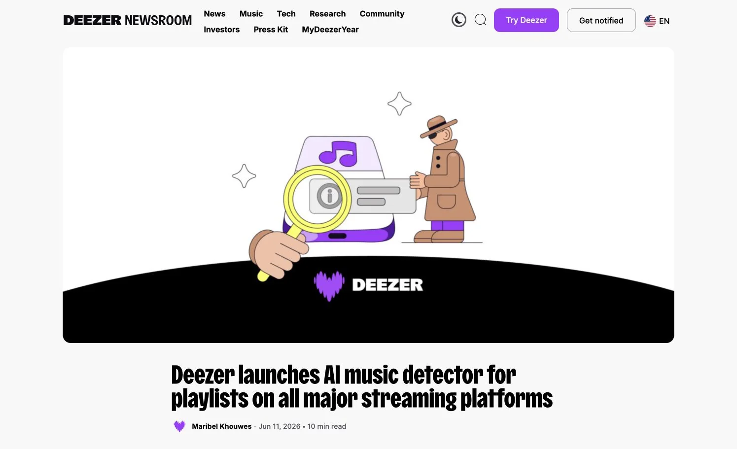 Deezer Newsroom announcement for its official AI music detector and playlist scanner