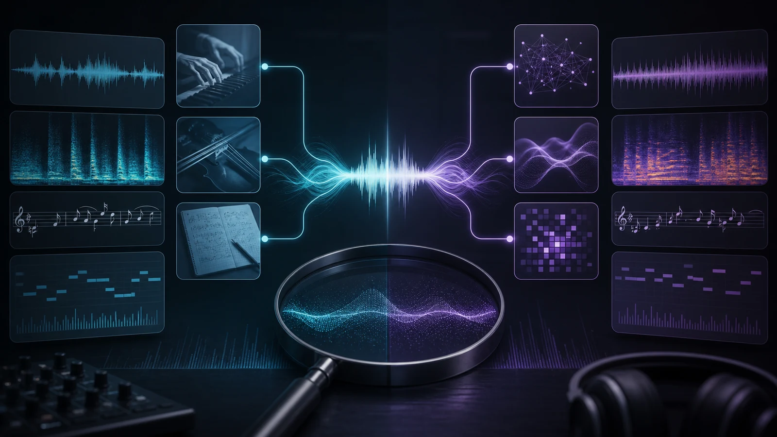 Music evidence workspace comparing waveforms, spectrograms, credits, and provenance clues