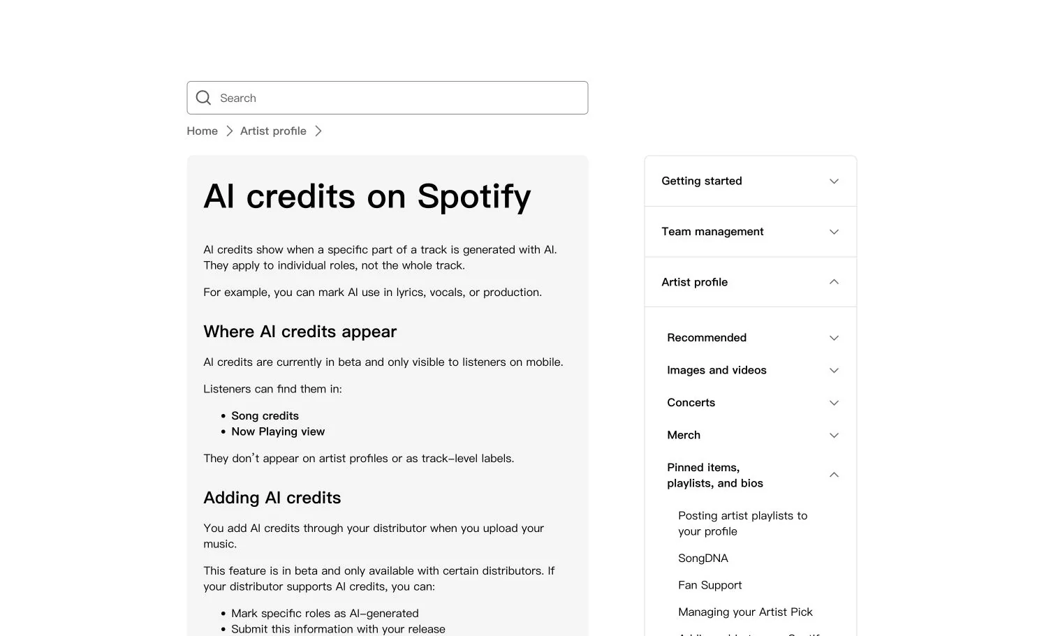 Spotify official support page explaining role-based AI credits and where they appear