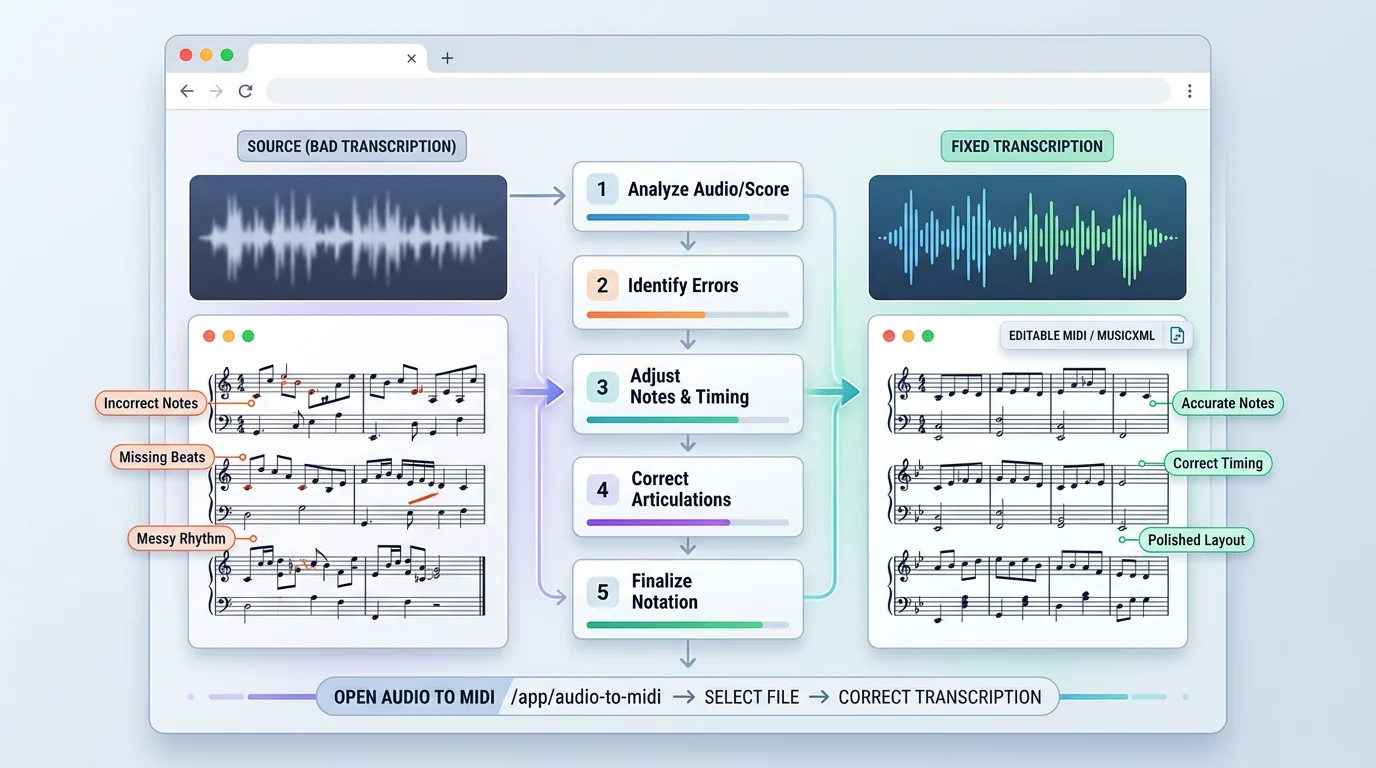 Fehlerhafte Musiktranskription, die zu sauberem MIDI und Notationsausgabe wird
