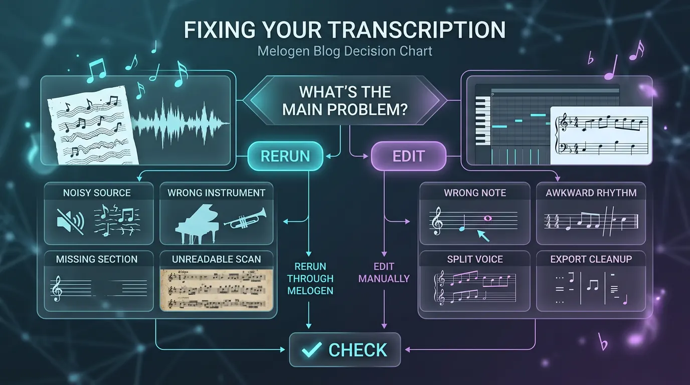 Decision chart showing when to rerun a music transcription and when to edit MIDI manually