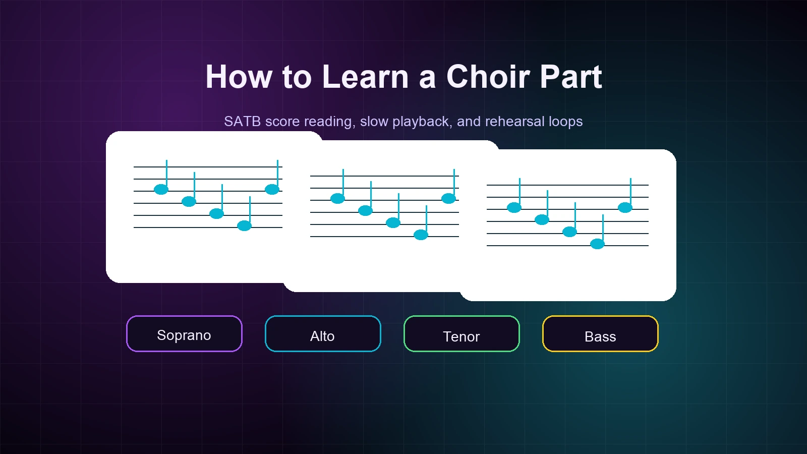 SATB choir part practice workflow with score reading and playback loops