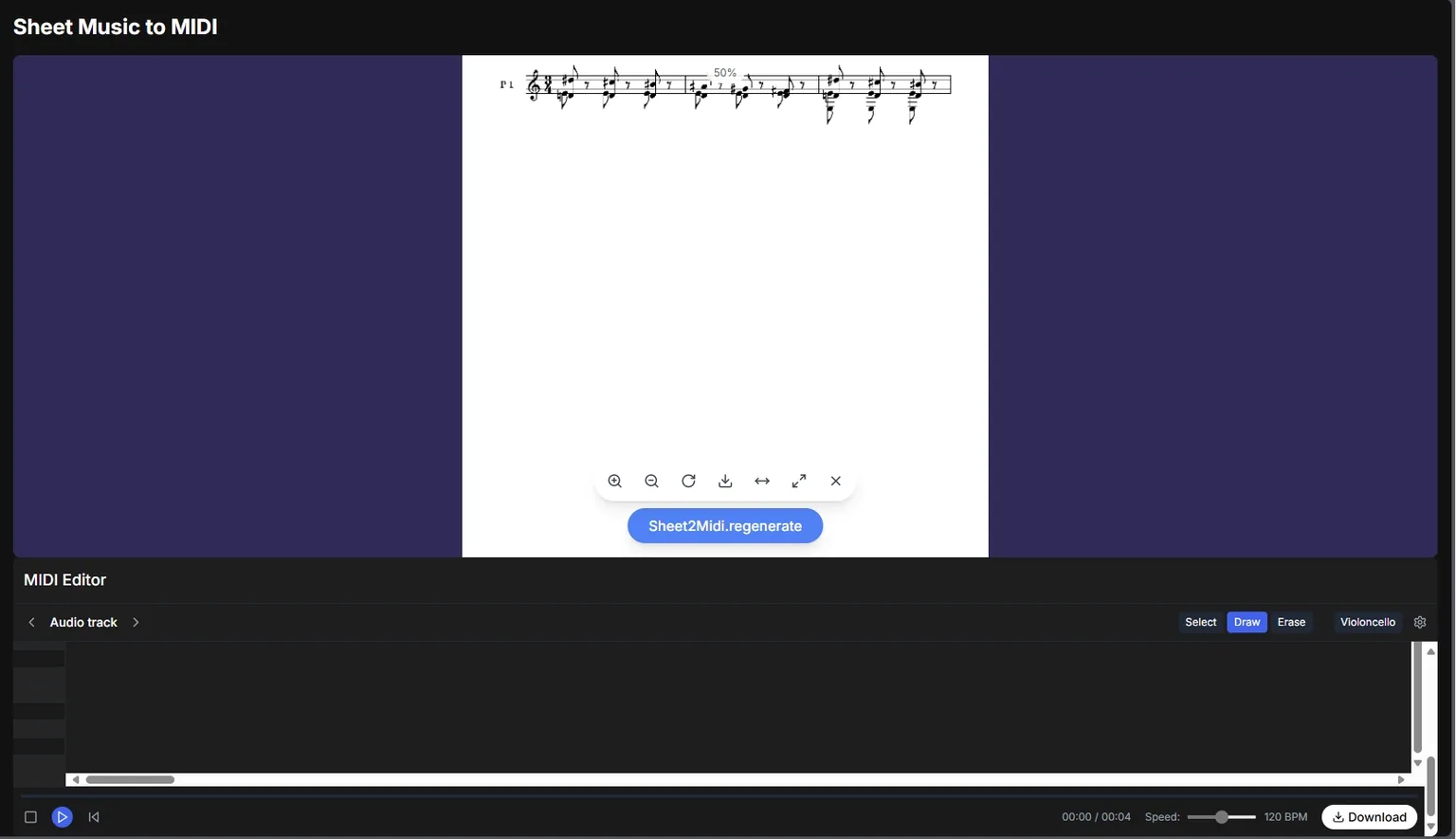 Melogen MIDI download interface after sheet music conversion