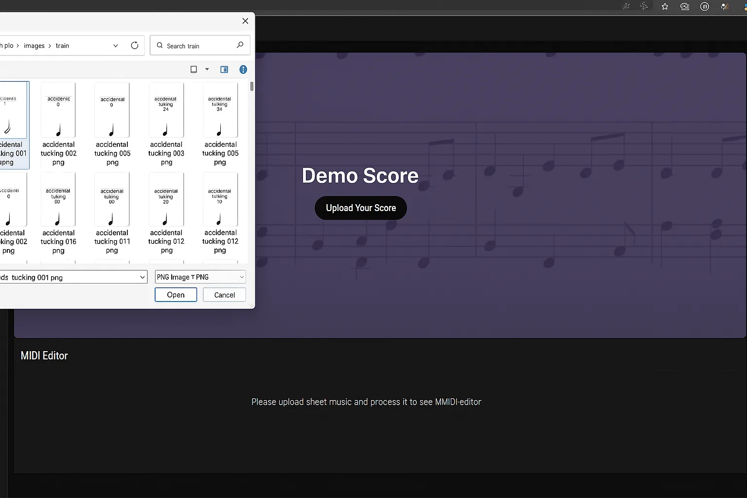 Melogen Sheet2MIDI upload interface for sheet music files