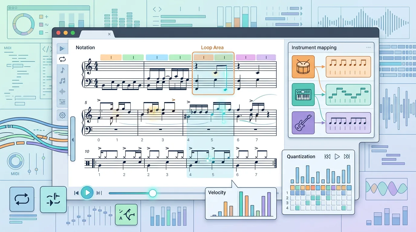 Workflow di pratica ritmica con uno spartito trasformato in loop MIDI