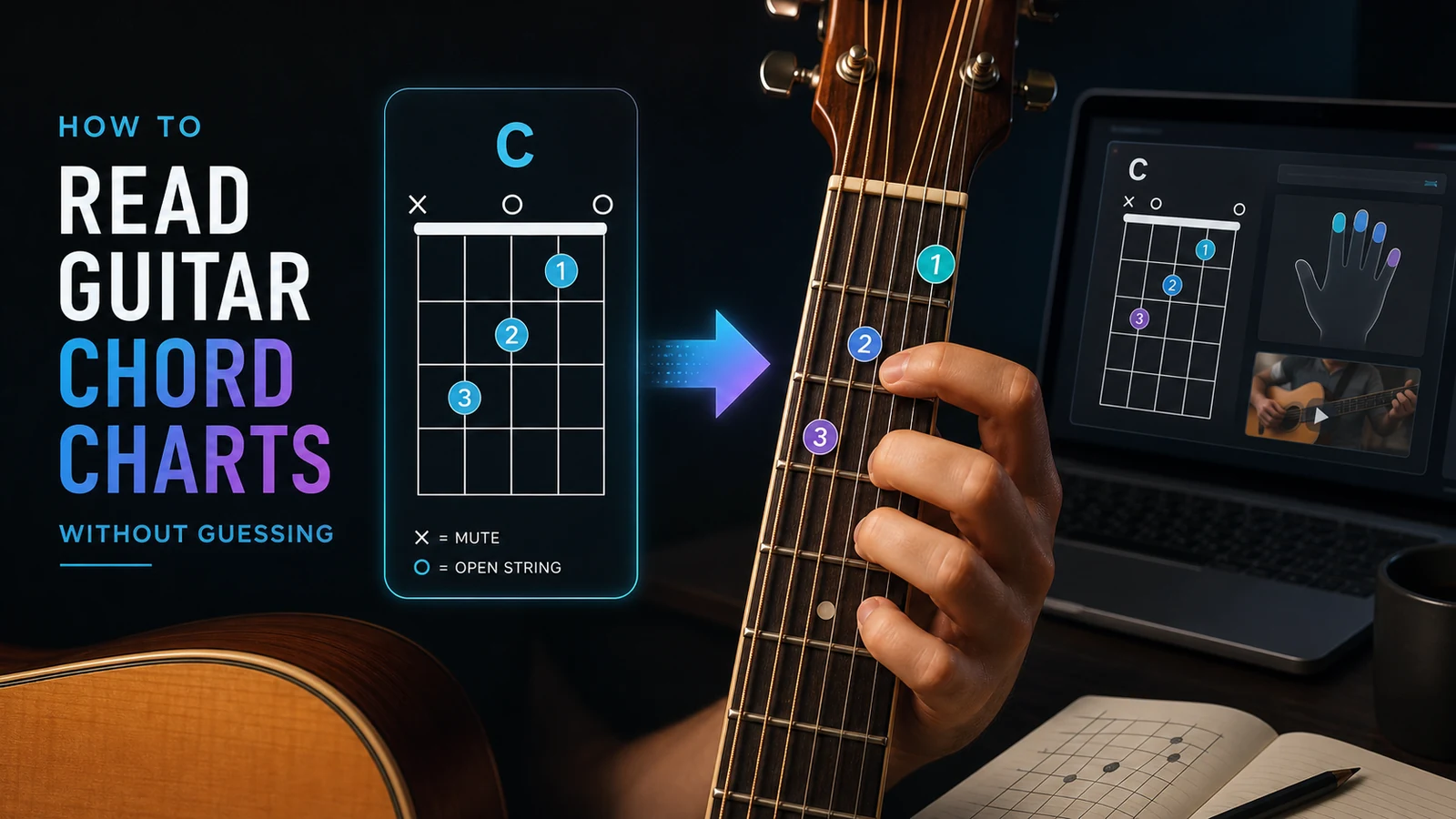 Guitar chord chart mapping finger dots and open strings onto a fretboard
